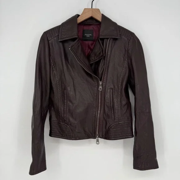 Weekend Max Mara Womens Leather Moto Jacket Burgundy Asymmetrical Zip Moto Style